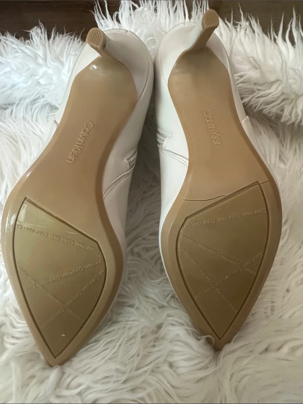 Calvin Klein Cream Leather Pointed-Toe Ankle Booties with Gold Buckle
